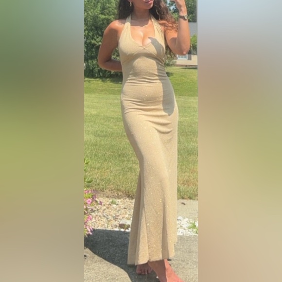 Vintage Y2K Hyphen Glamorous Gold Halter Maxi Formal Evening Dress-Size M - Picture 10 of 16